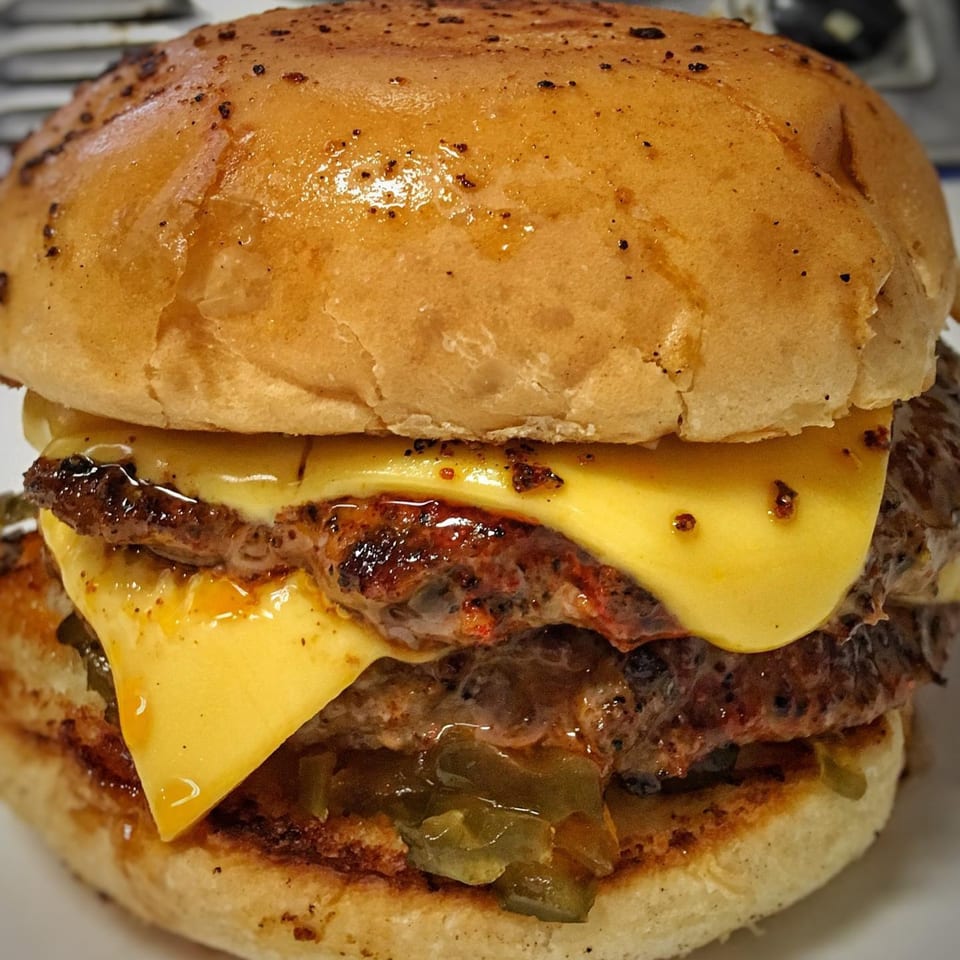 Close-up of a Bubba's Texas Burger Shack double cheeseburger with melted cheese and jalapeños.